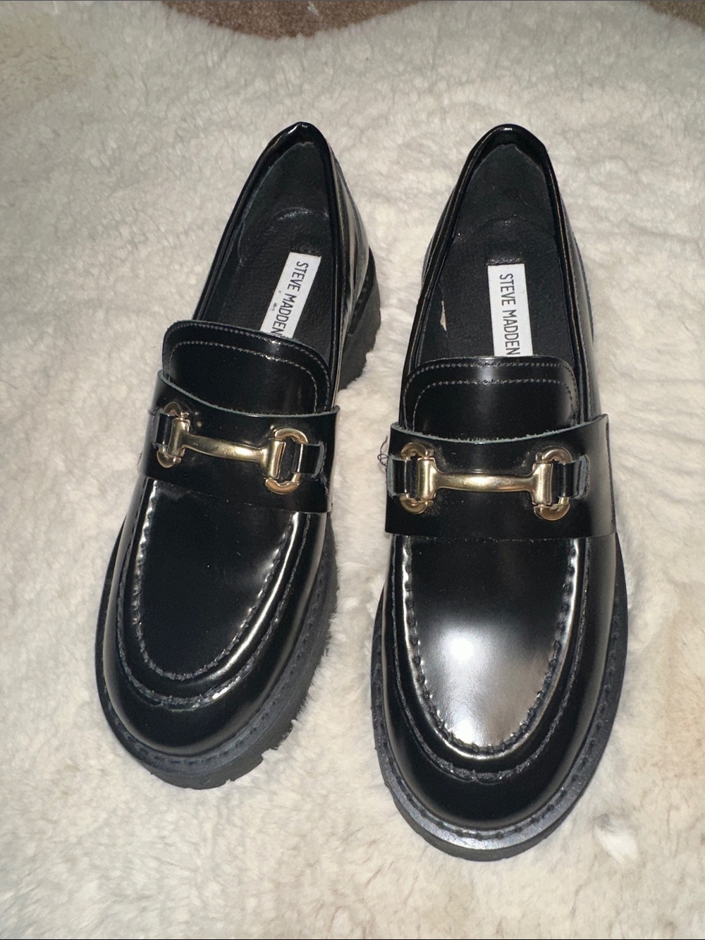 Steve Madden Black Patent Loafers with Silver Horsebit